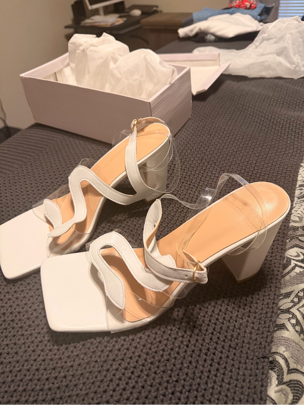 SHEIN White Square Toe Block Heel Sandals with Clear Straps